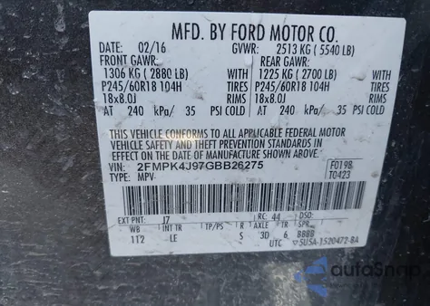 2016 Ford Edge Sel from USA, damaged, VIN 2FMPK4J97GBB26275